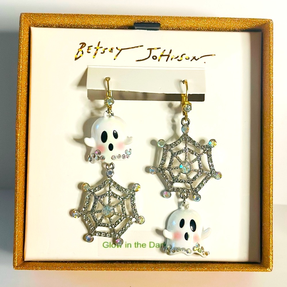 Betsey Johnson Halloween Mismatch Ghost Spider Web Glow In Dark Dangle E…NWT